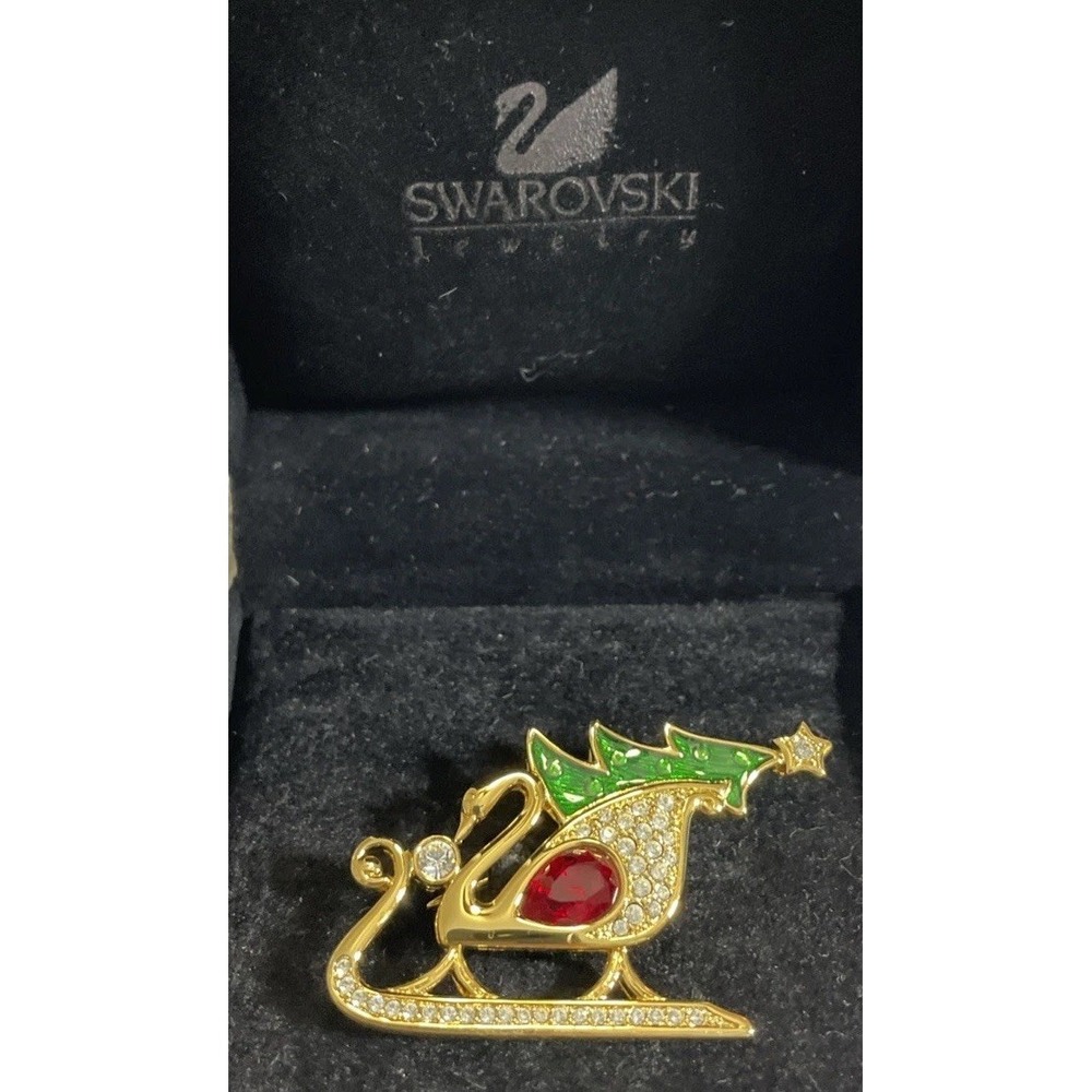 Swarovski Swan Signed Gold‎ Tone Green Enamel Clear Red Crystals Sleigh  Brooch